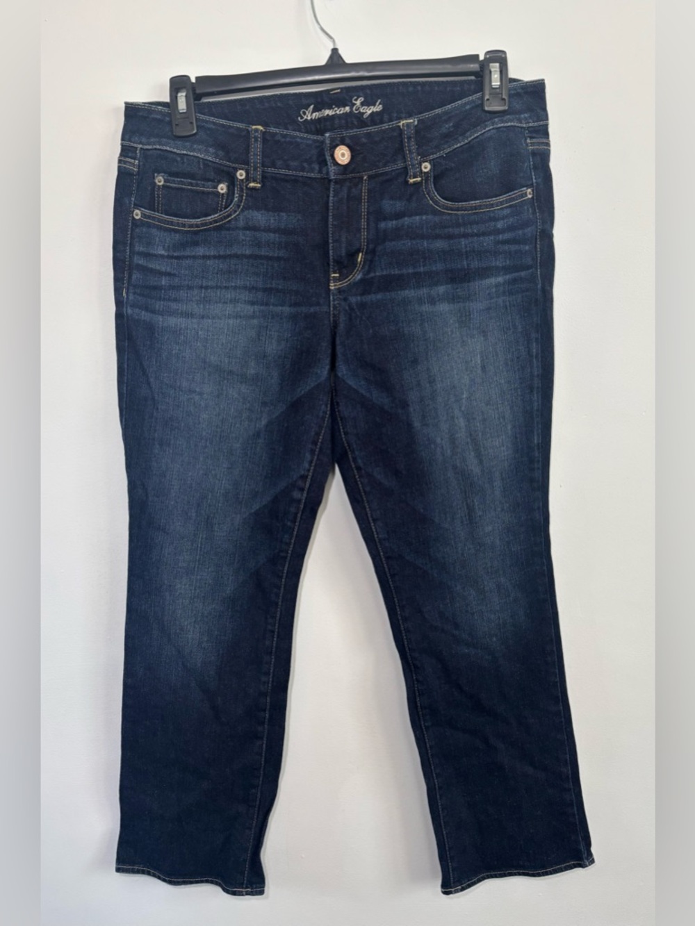 American Eagle Straight Jeans Womens 14 Short Dark Wash Mid Rise Stretch